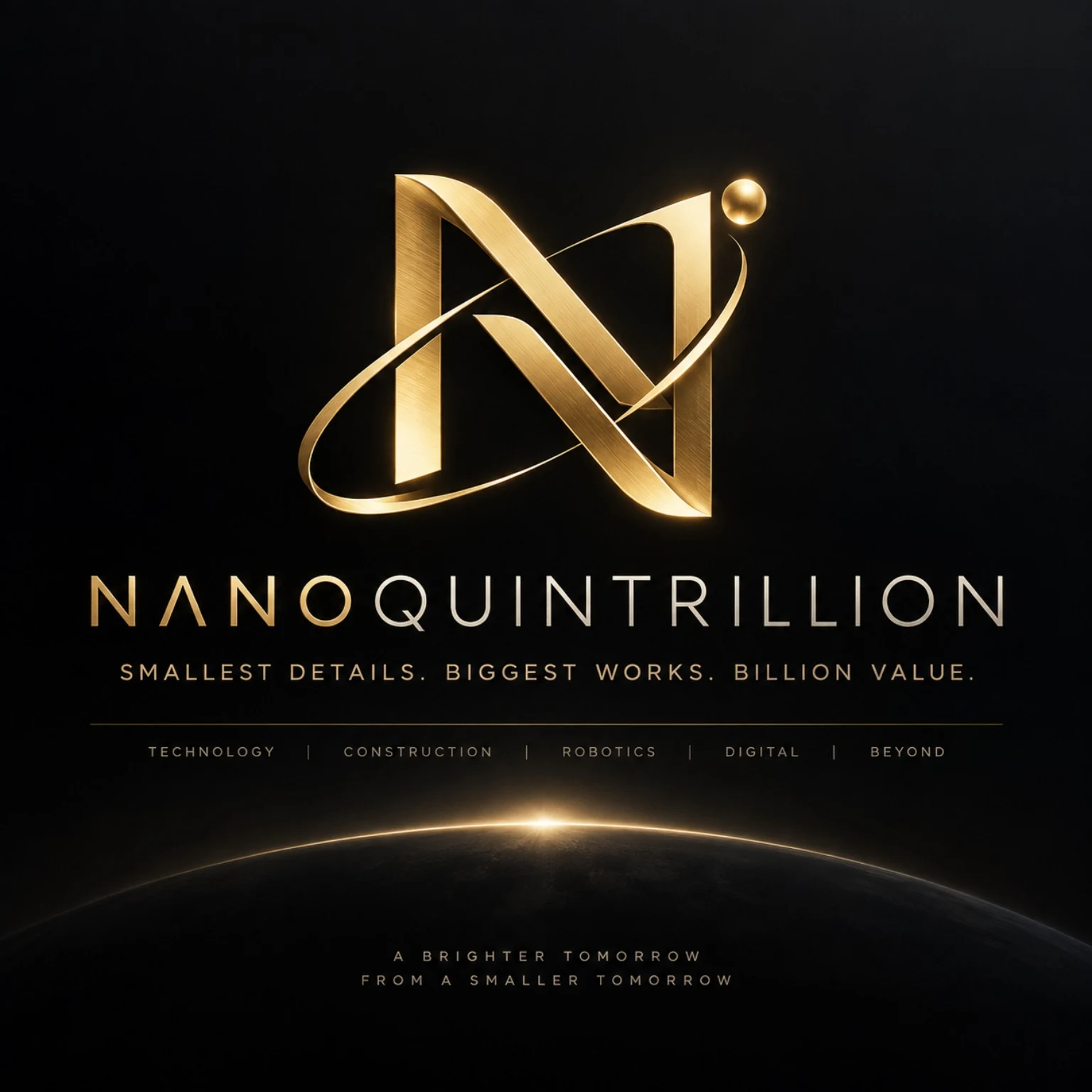 nanoQuintrillion gold N monogram encircled by an orbit on a black background